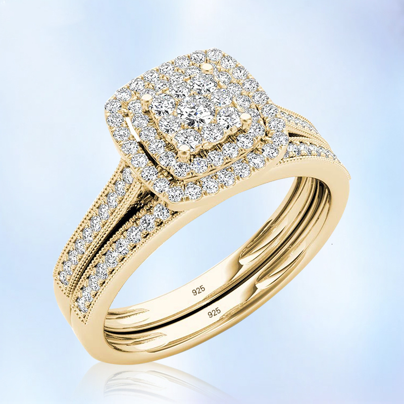 With Side Stones 2pcs Engagement Rings for Women Original 925 Sterling Silver Ring Set 14k Gold Plated Bridal 2Ct Round Cut Lab Diamond Jewelry 230629