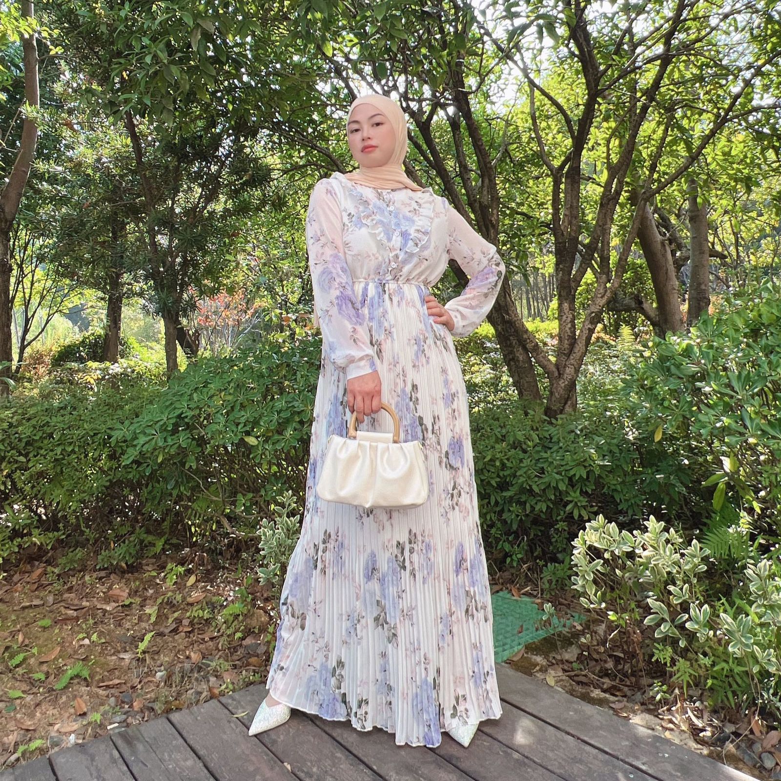 Ethnic Clothing Pleated Abaya Hijab Muslim Dress Turkey Chiffon Print Fungus Abayas for Women Dubai Evening Islamic Dresses Kaftan Robe Vestidos 23062