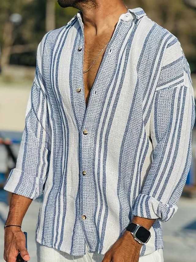 Men's Button Up Shirt Casual Shirt Summer Shirt Beach Shirt Pink Blue Dark Green Long Sleeve Striped Turndown Spring Summer Outdoor Holiday Clothing Apparel Print