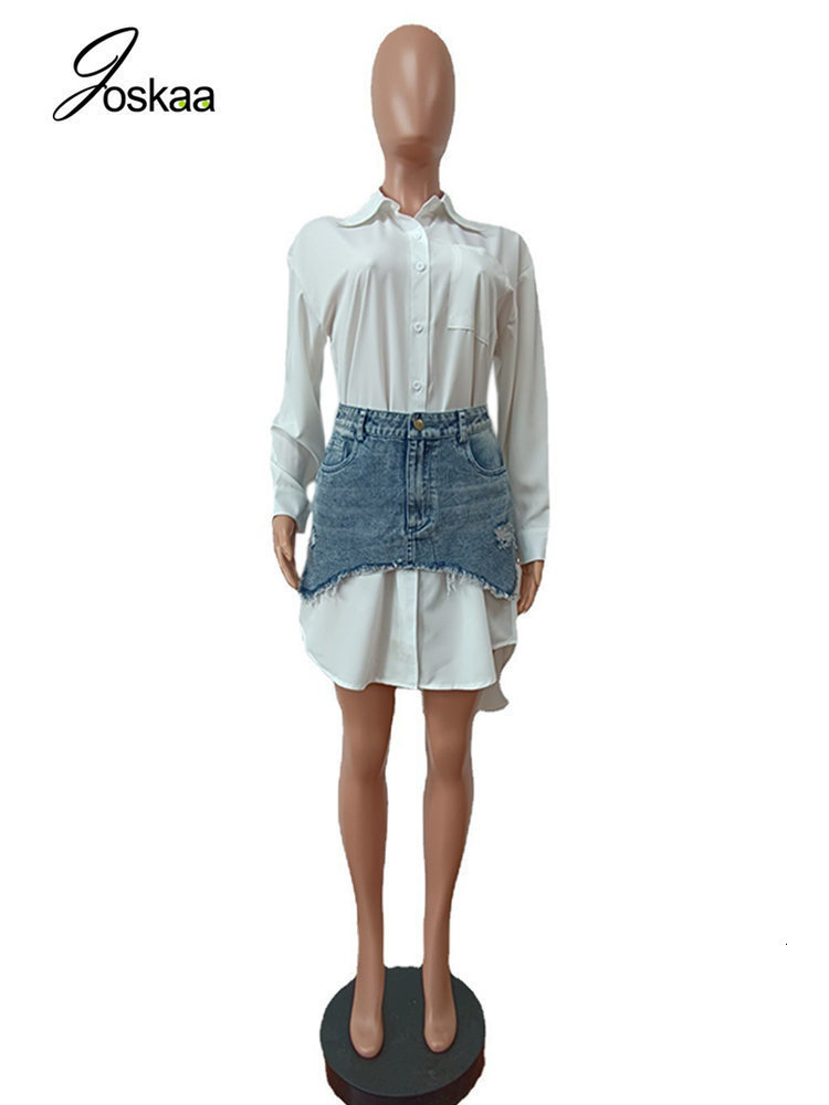 Two Piece Dress Joskaa Solid Lapel Long Sleeve Single Breasted Shirt and Irregular Denim Skirt Set Women 2023 Cute Street Outfit 230629