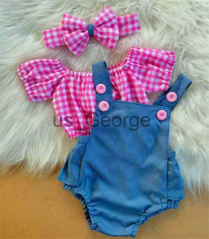 Clothing Sets Baby Girl Summer Clothes Set Fashion Newborn Infant Plaid Short Sleeve Crop Tops Denim Romper Headband 3Pcs For Toddler Outfits J230630