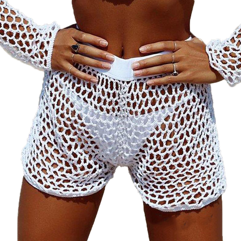 Women Crochet Swim Shorts Knit Hollow Out Bottoms Bikini Cover Up Shorts Beach Fishnet Pants Summer Swimsuit Swimwear