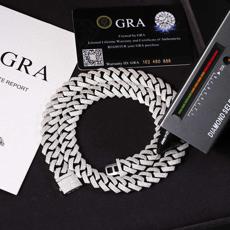 Miami Style 15mm 20m Chain Gold Plated Sterling Silver 3rows Vvs d Color Moissanite Diamond Cuban Chain for Hiphop Jewelry