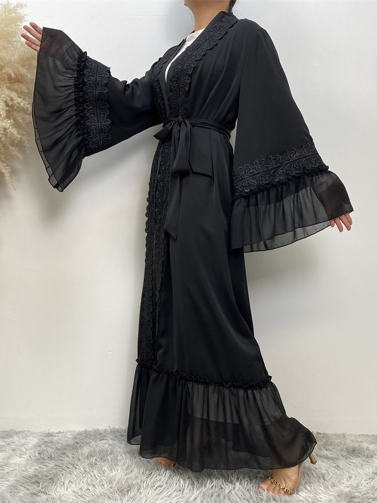 Ethnic Clothing Fashion Lace Stitching Muslim Abaya Dubai Full Length Flare Sleeve Turkey Islam Robe With Belt WY1391 230629