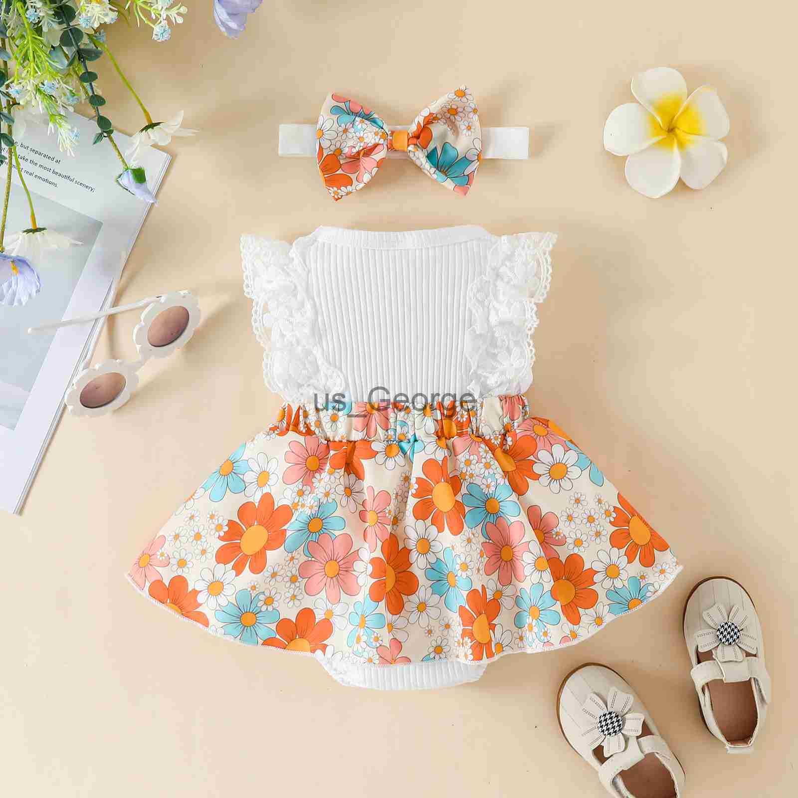 Clothing Sets FOCUSNORM 018M Infant Baby Girls Sweet Romper Dress 2pcs Flower Print Lace Sleeveless Front Bowknot Jumpsuits Headband J230630