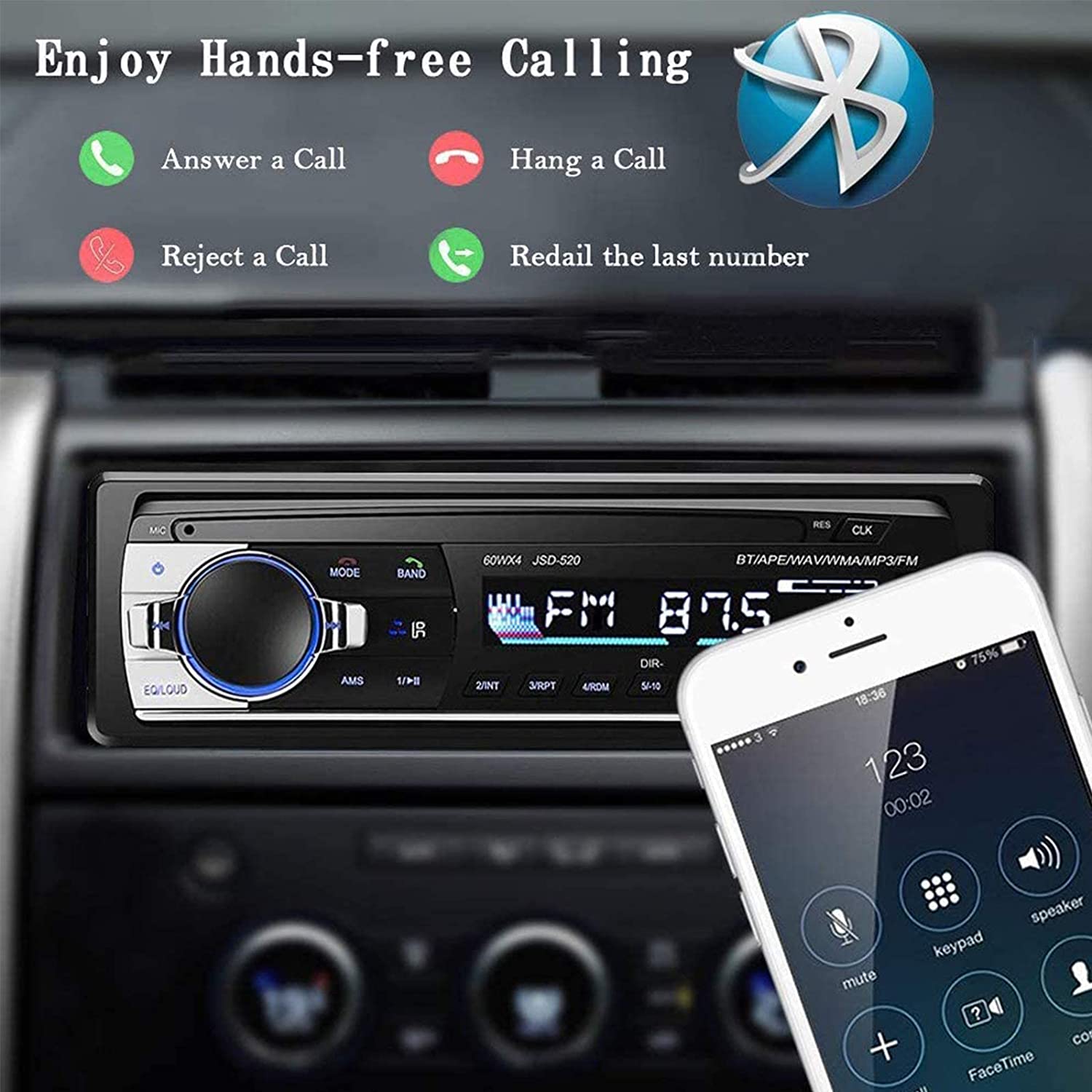 Bluetooth Car Stereo, 4x60W Car Audio FM Radio Auto MP3 Player USB/SD/AUX Hands Free Calling with Wireless Remote Control