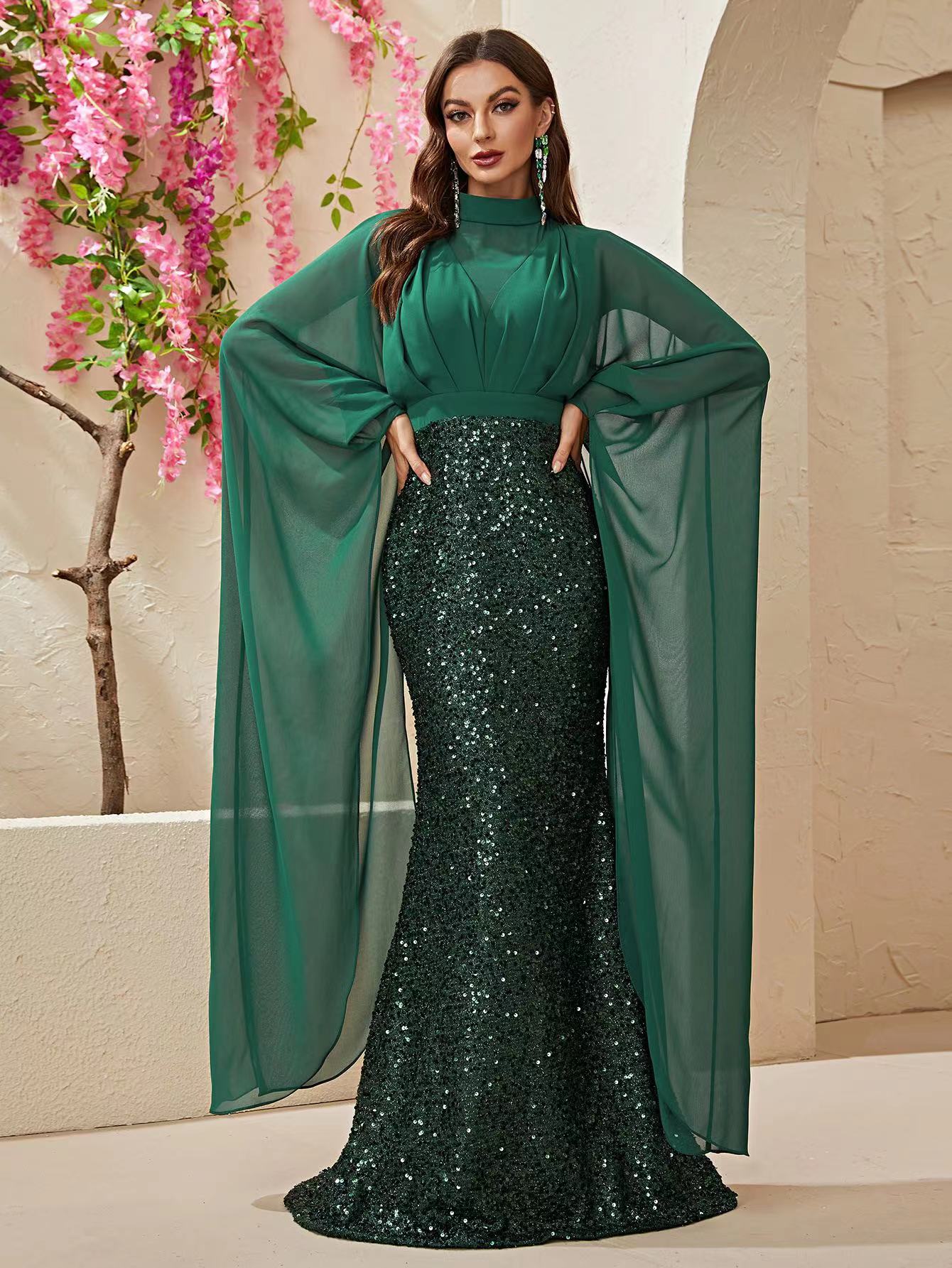 Elegant green African Prom Dresses Mermaid Halter high neck sequined Evening Dress Long Arabic Dubai Party Gowns Plus Size Formal Evening Gowns Females Cocktail