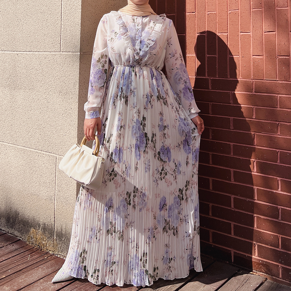Ethnic Clothing Pleated Abaya Hijab Muslim Dress Turkey Chiffon Print Fungus Abayas for Women Dubai Evening Islamic Dresses Kaftan Robe Vestidos 23062