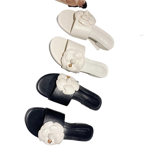 Slippers Designer Camellia Flower Women Sandalias Summer Lazy Shoes Ladies Ins Low Heels Metal Floral Slides Mujer