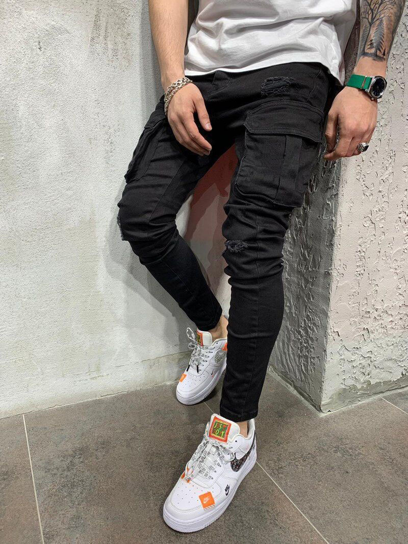 Men s Jeans Multi Pocket Ripped Stretch Skinny High Quality Denim Long Trousers Black Color est 230629