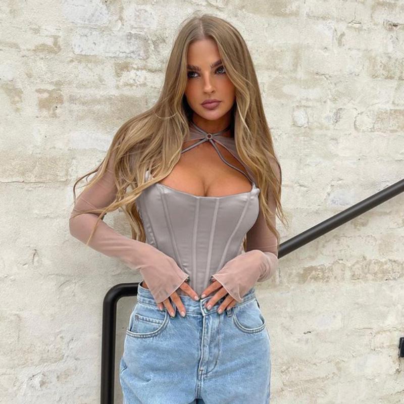 Womens T Shirts Meqeiss Mesh See Through Grey Corset Tops Women Elegant Summer Outfits Streetwear Long Sleeve Halter Top Tees Fall Clothes