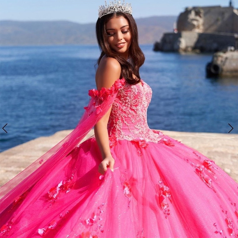 Handmade Wer Quinceanera Dresses With Cape Pearls Sweet 15 Glitter Ball Gown Masquerade 16 Anos 0220