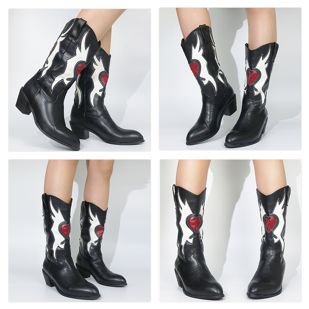 Boots BONJOMARISA Female Love Heart Mid Calf Boots For Women Cute Cowgirls Cowboy Chunky Heel Vintage Fashion Punk Western Boots Women 230629