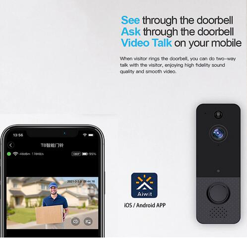 T8 720P Wireless WiFi Video Doorbell Smart Phone Door Ring Intercom Security System IR Visual HD Camera Bell Waterproof Cat Eye with DingDong for Home
