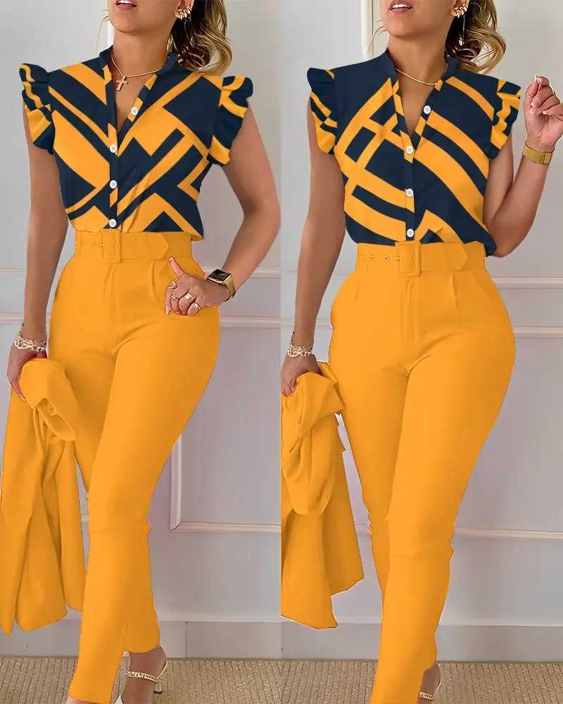 Women Designers Clothes Spring and summer New Fashion Printed Ruffle Sleeve Top Solid Pants Set with Belt