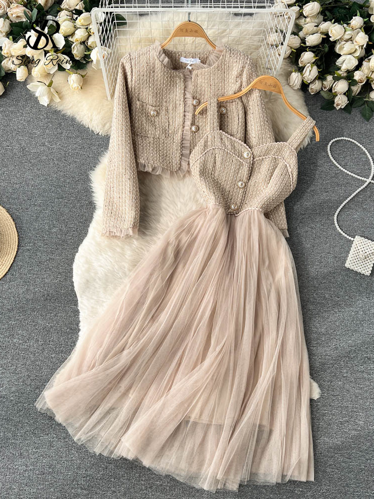 Two Piece Dress SINGREINY Fashion Women OL Retro Sets Senior Short Cardigan CoatsCamis Mesh Long Skirts Streetwear Winter Two Pieces Suits 230629
