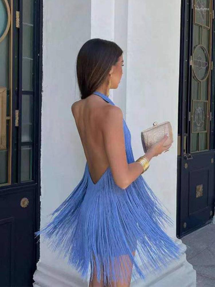 Blue Fringe Halter Mini For Women Sexy Backless O Neck Sleeveless Summer Short Party Dress Polyester B4