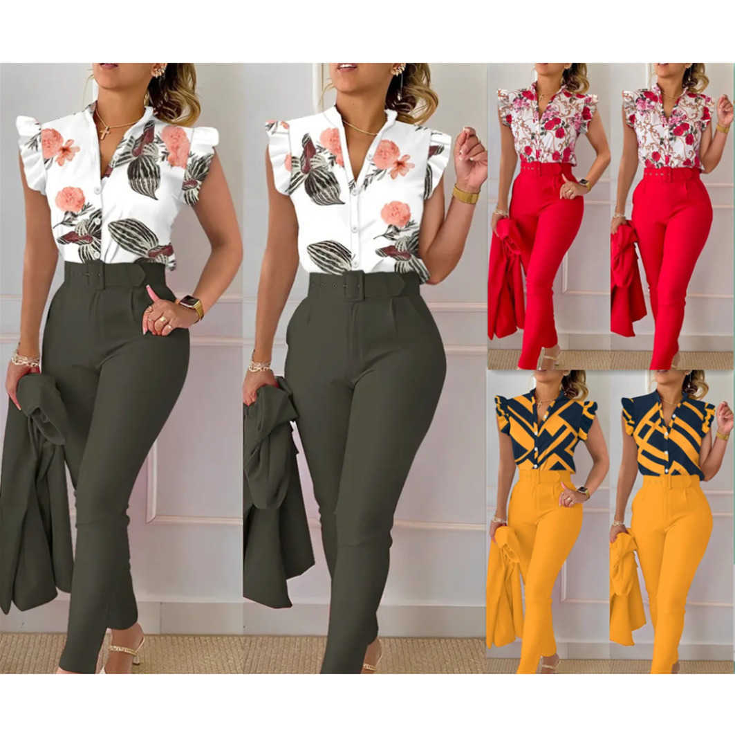Women Designers Clothes Spring and summer New Fashion Printed Ruffle Sleeve Top Solid Pants Set with Belt