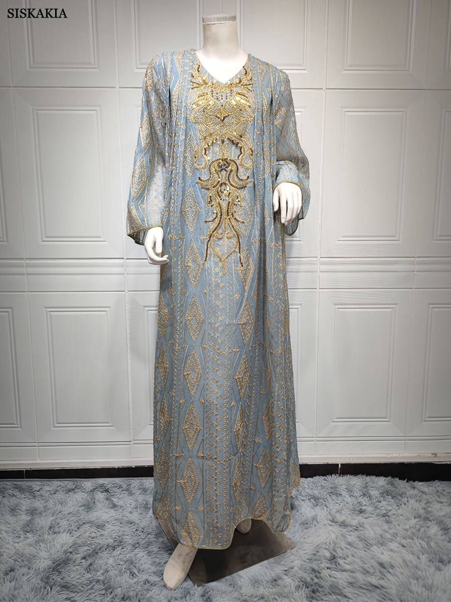 Ethnic Clothing Gorgeous Party Evening Dresses for Women Dubai Muslim Vintage Sequin Gold Thread Embroider Abaya Moroccan Kaftan Siskakia 230629