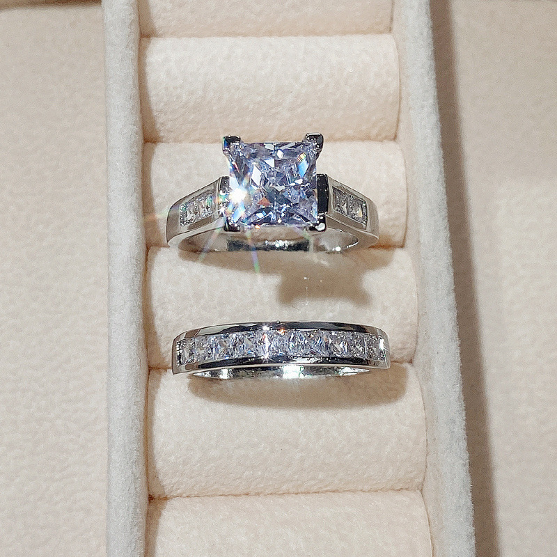 Handmade Sparkling Wedding Rings Luxury Jewelry 925 Sterling Silver Princess Cut White Topaz CZ Diamond Gemstones Party Eternity Women Bridal Ring Set