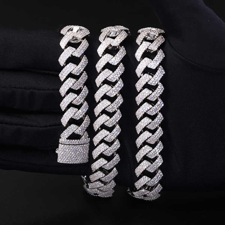 Miami Style 15mm 20m Chain Gold Plated Sterling Silver 3rows Vvs d Color Moissanite Diamond Cuban Chain for Hiphop Jewelry