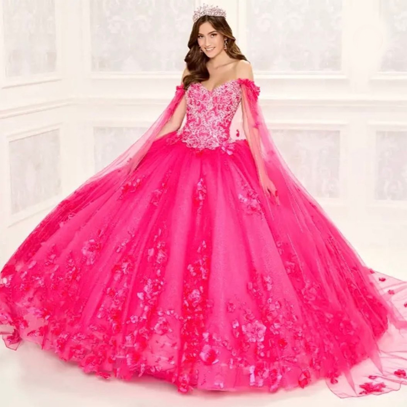 Handmade Wer Quinceanera Dresses With Cape Pearls Sweet 15 Glitter Ball Gown Masquerade 16 Anos 0220