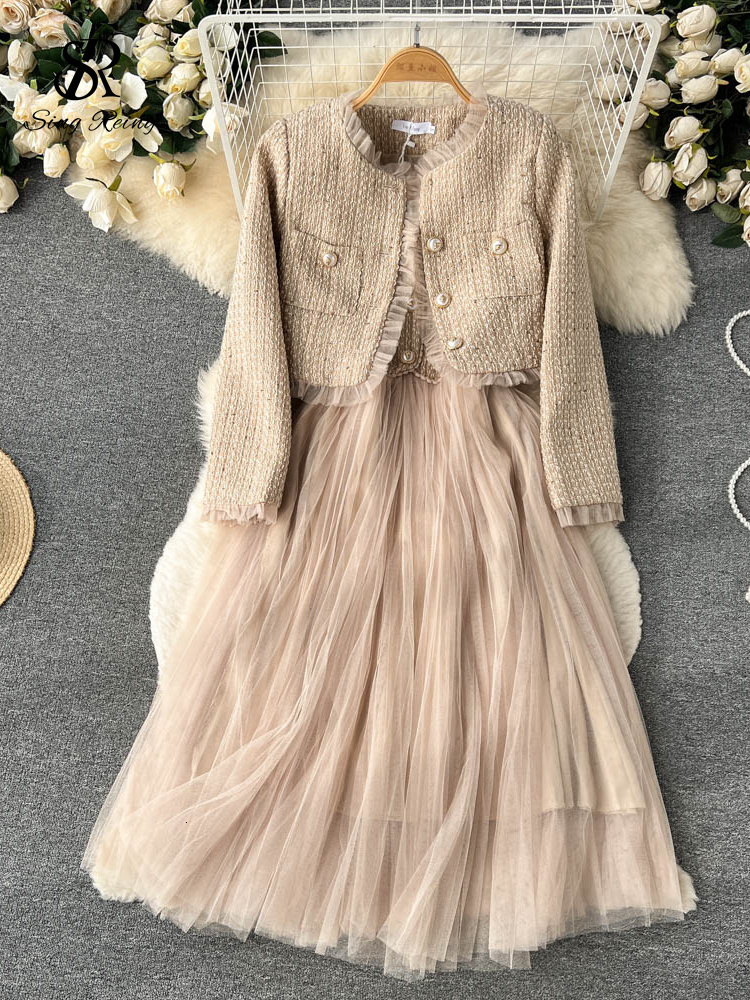 Two Piece Dress SINGREINY Fashion Women OL Retro Sets Senior Short Cardigan CoatsCamis Mesh Long Skirts Streetwear Winter Two Pieces Suits 230629