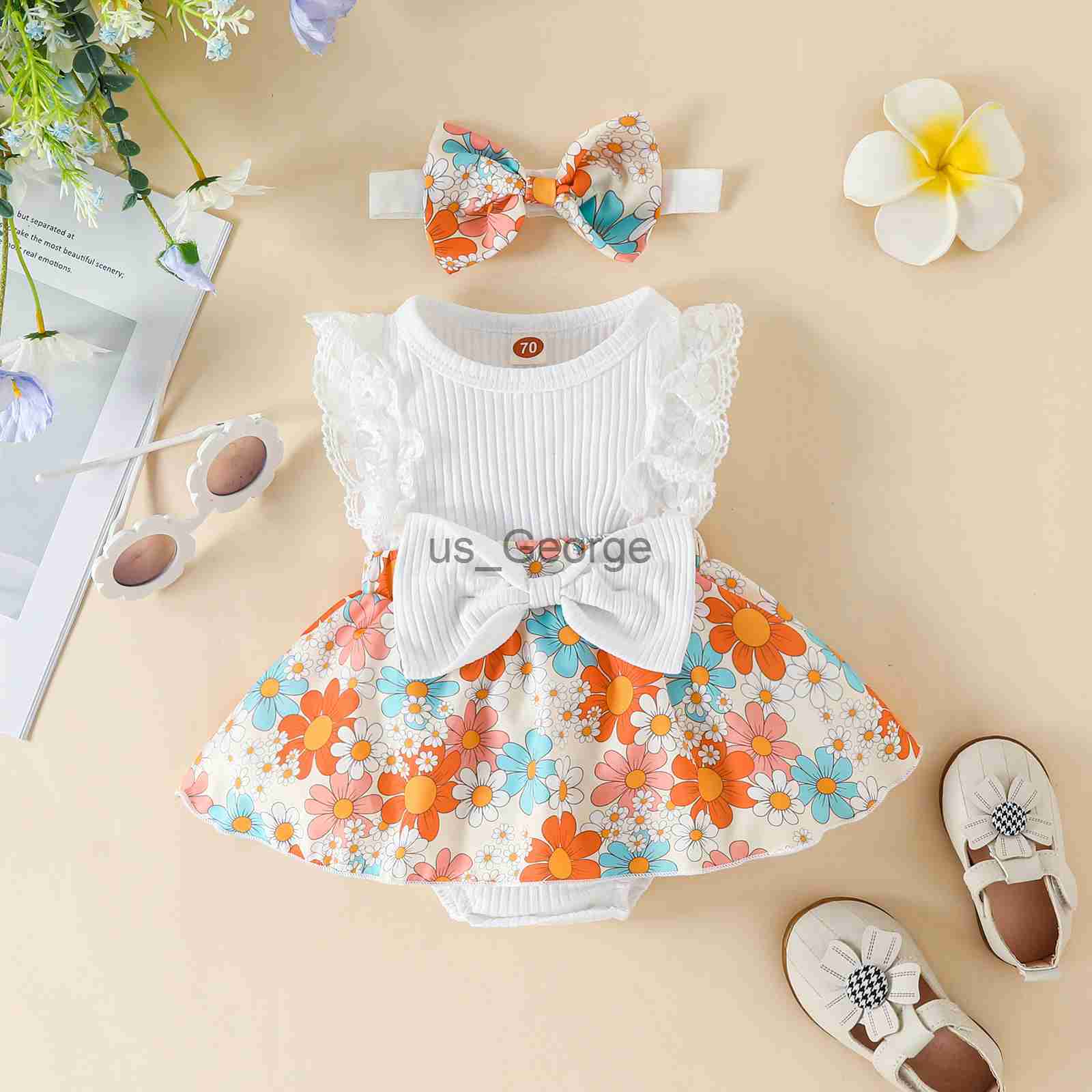 Clothing Sets FOCUSNORM 018M Infant Baby Girls Sweet Romper Dress 2pcs Flower Print Lace Sleeveless Front Bowknot Jumpsuits Headband J230630