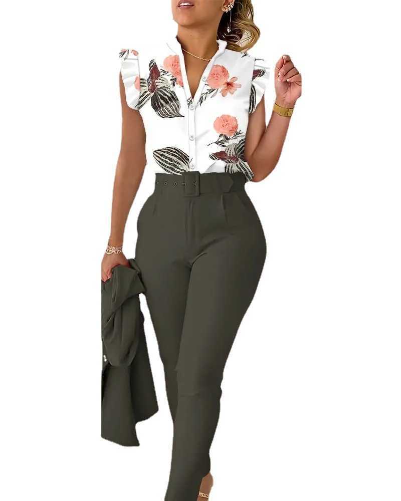 Women Designers Clothes Spring and summer New Fashion Printed Ruffle Sleeve Top Solid Pants Set with Belt