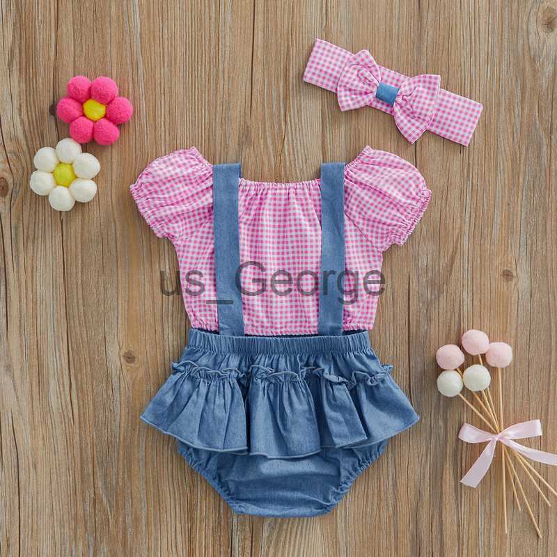 Clothing Sets Baby Girl Summer Clothes Set Fashion Newborn Infant Plaid Short Sleeve Crop Tops Denim Romper Headband 3Pcs For Toddler Outfits J230630