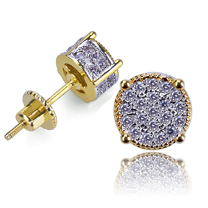 New Fashionv18K Real Gold Hip Hop CZ Zirconia Round Stud Earrings 07cm for Men Full Diamond Earring Studs Rapper Jewelry Gifts fo