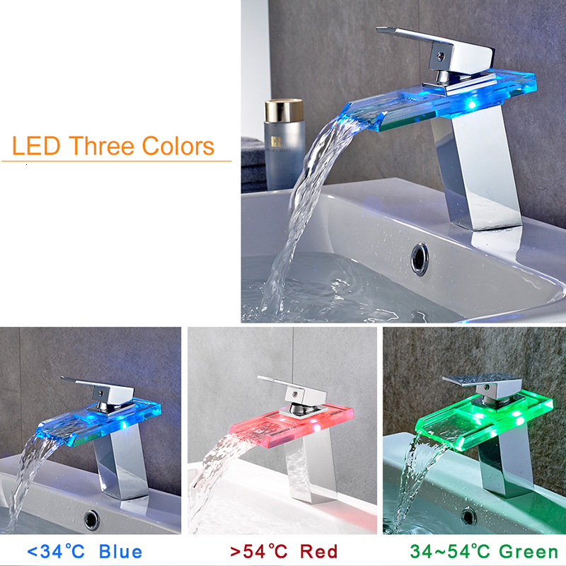 Bathroom Sink Faucets ROVOGO LED Bathroom Faucet Waterfall Brass Basin Faucet Cold Mixer Tap Deck Mounted Sink Mixer Crane 230629