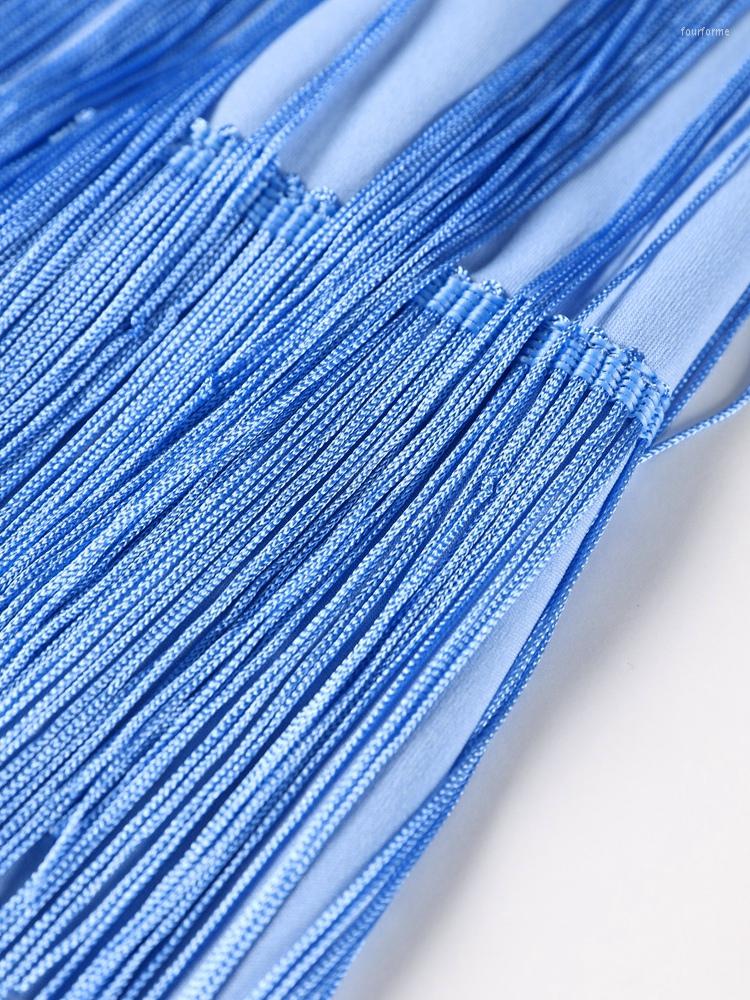 Blue Fringe Halter Mini For Women Sexy Backless O Neck Sleeveless Summer Short Party Dress Polyester B4