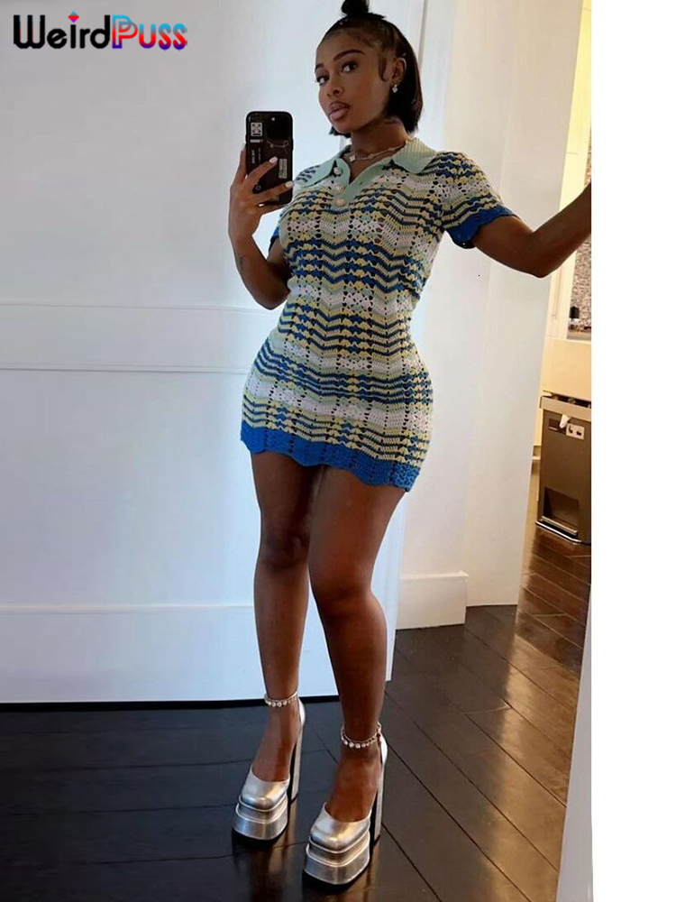 Basic Casual Dresses Weird Puss Crochet Wavy Dress Women Summer Short Sleeve Polo Button Mini Bodycon Skinny Elastic Vintage Fashion Streetwear 230630