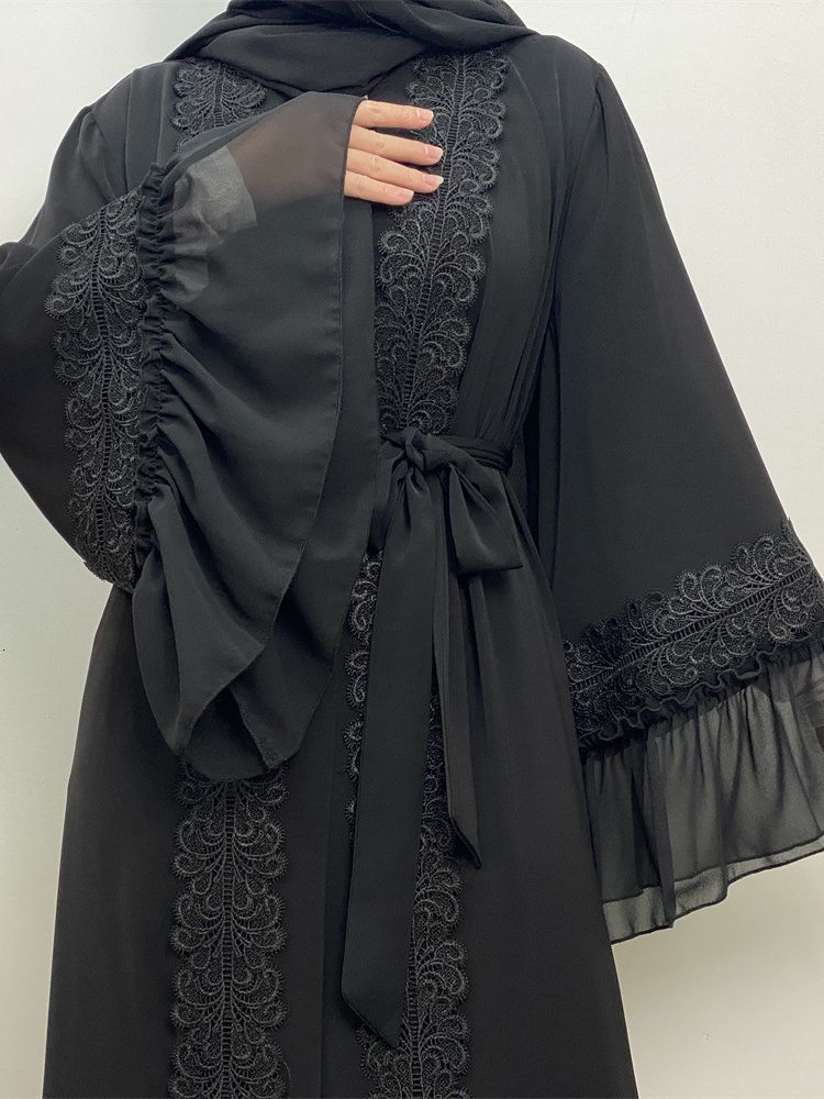 Ethnic Clothing Fashion Lace Stitching Muslim Abaya Dubai Full Length Flare Sleeve Turkey Islam Robe With Belt WY1391 230629