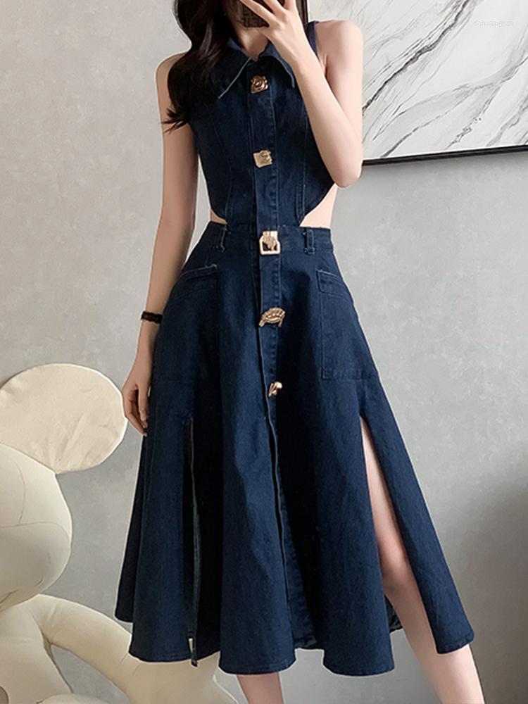 Casual Dresses Temperament Denim Dress With Hollowed Out Waist And Split Long Skirt 2023 Summer Fashionable Women'S Clothing