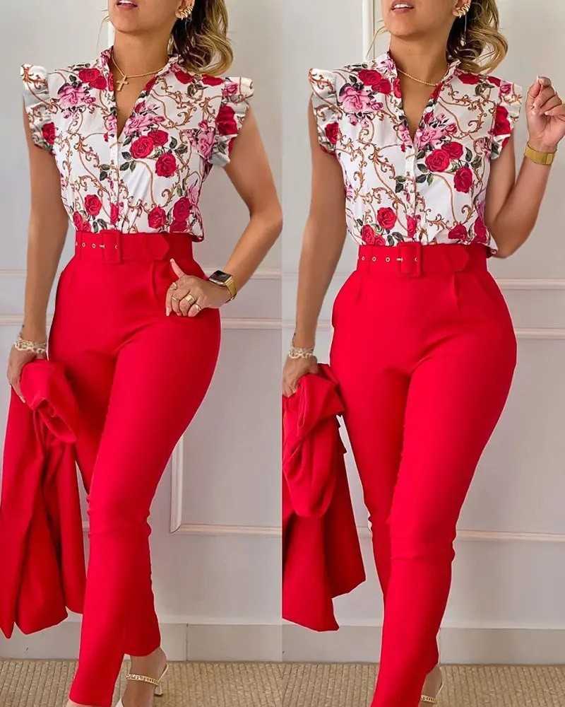 Women Designers Clothes Spring and summer New Fashion Printed Ruffle Sleeve Top Solid Pants Set with Belt