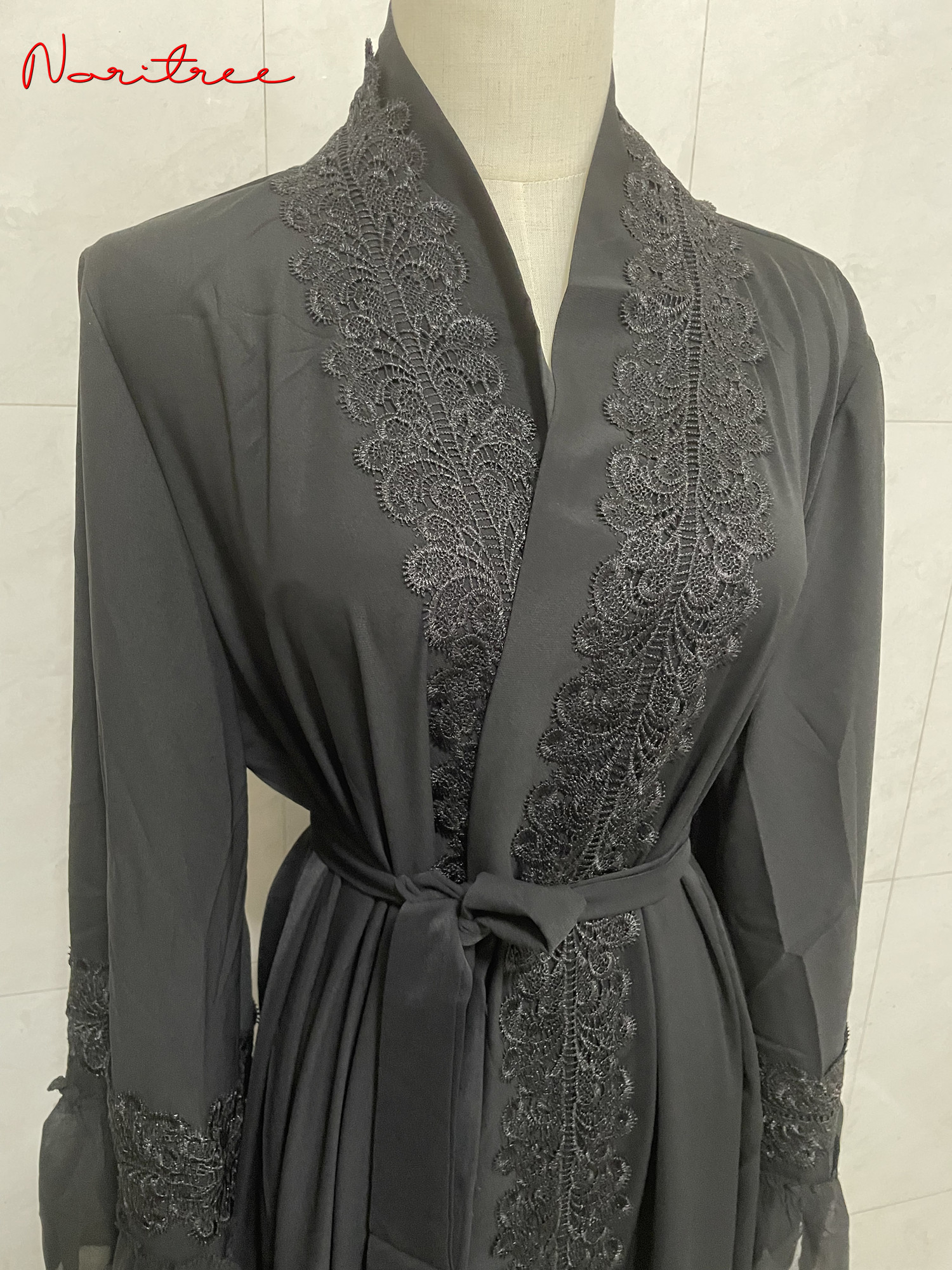 Ethnic Clothing Fashion Lace Stitching Muslim Abaya Dubai Full Length Flare Sleeve Turkey Islam Robe With Belt WY1391 230629