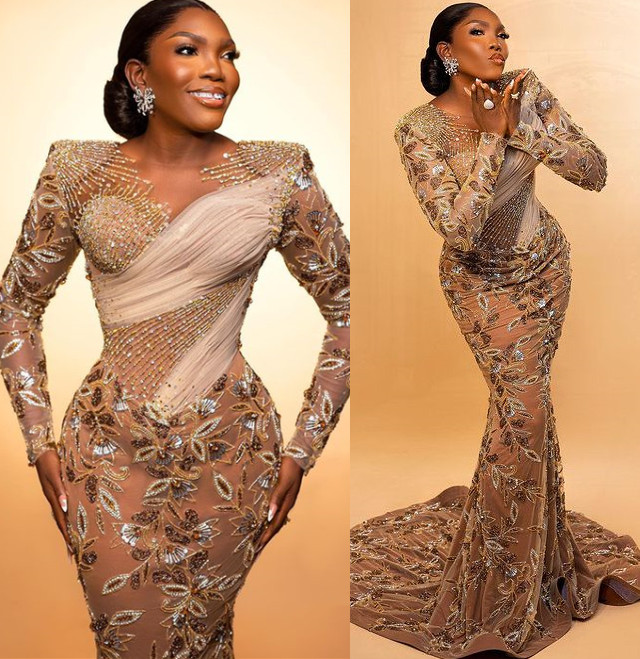 Aso Ebi Gold Mermaid Prom Dress Beaded Sequined Lace Evening Formal Party Second Reception Birthday Bridesmaid Engagement Gowns Dresses Robe De Soiree