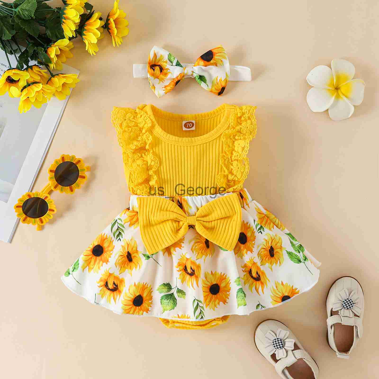 Clothing Sets FOCUSNORM 018M Infant Baby Girls Sweet Romper Dress 2pcs Flower Print Lace Sleeveless Front Bowknot Jumpsuits Headband J230630