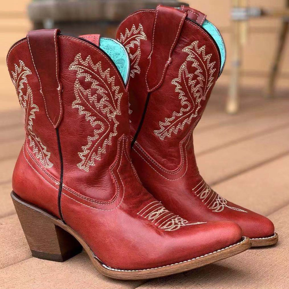 Boots BONJOMARISA Embroidered Western Boots For Women Ankle Short Boots Cowboy Cowgirls Slip On Chunky Heel Vintage Shoes 230629