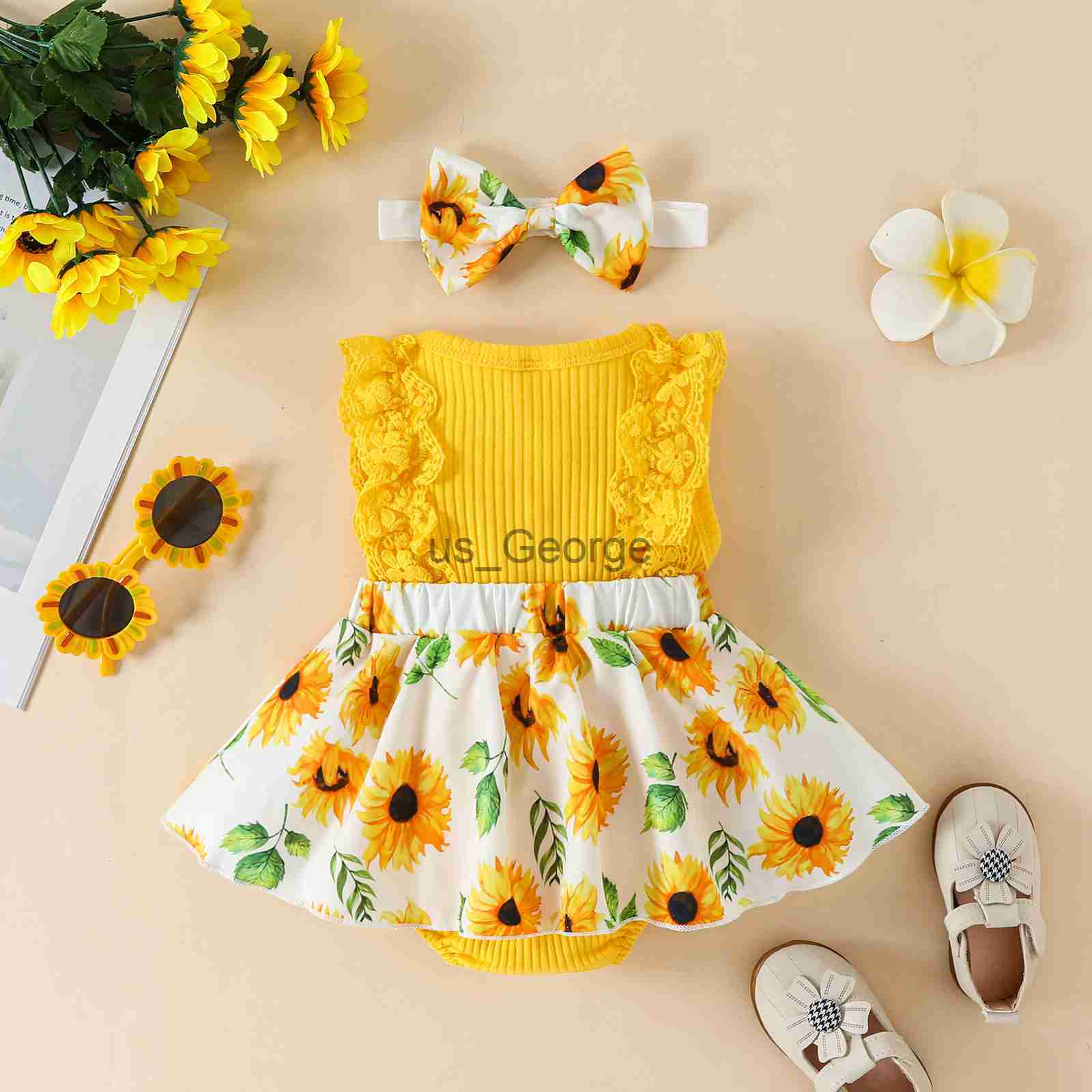 Clothing Sets FOCUSNORM 018M Infant Baby Girls Sweet Romper Dress 2pcs Flower Print Lace Sleeveless Front Bowknot Jumpsuits Headband J230630