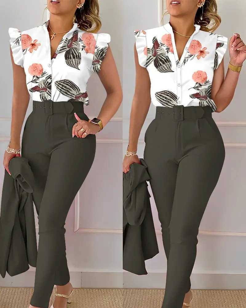 Women Designers Clothes Spring and summer New Fashion Printed Ruffle Sleeve Top Solid Pants Set with Belt