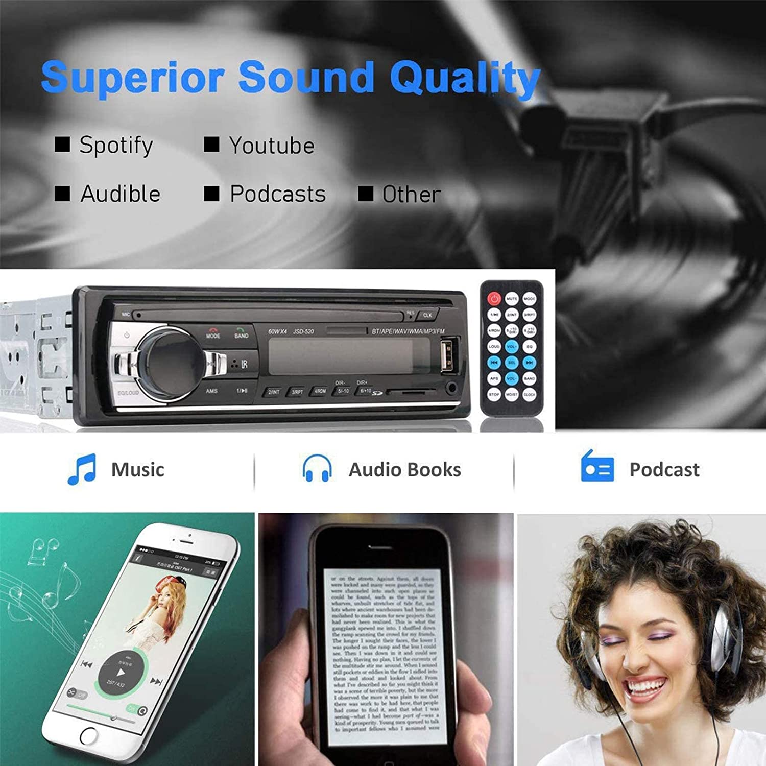 Bluetooth Car Stereo, 4x60W Car Audio FM Radio Auto MP3 Player USB/SD/AUX Hands Free Calling with Wireless Remote Control