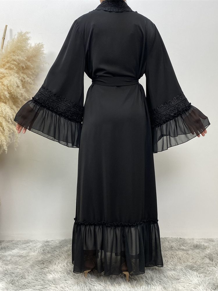 Ethnic Clothing Fashion Lace Stitching Muslim Abaya Dubai Full Length Flare Sleeve Turkey Islam Robe With Belt WY1391 230629