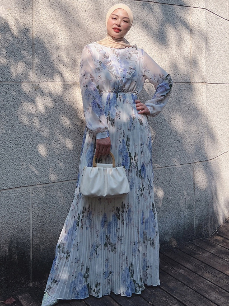 Ethnic Clothing Pleated Abaya Hijab Muslim Dress Turkey Chiffon Print Fungus Abayas for Women Dubai Evening Islamic Dresses Kaftan Robe Vestidos 23062