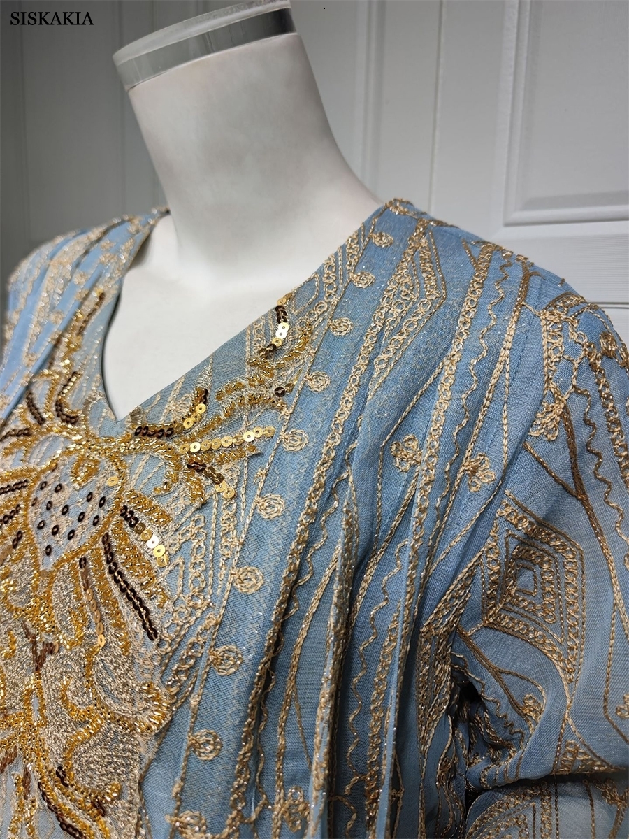Ethnic Clothing Gorgeous Party Evening Dresses for Women Dubai Muslim Vintage Sequin Gold Thread Embroider Abaya Moroccan Kaftan Siskakia 230629