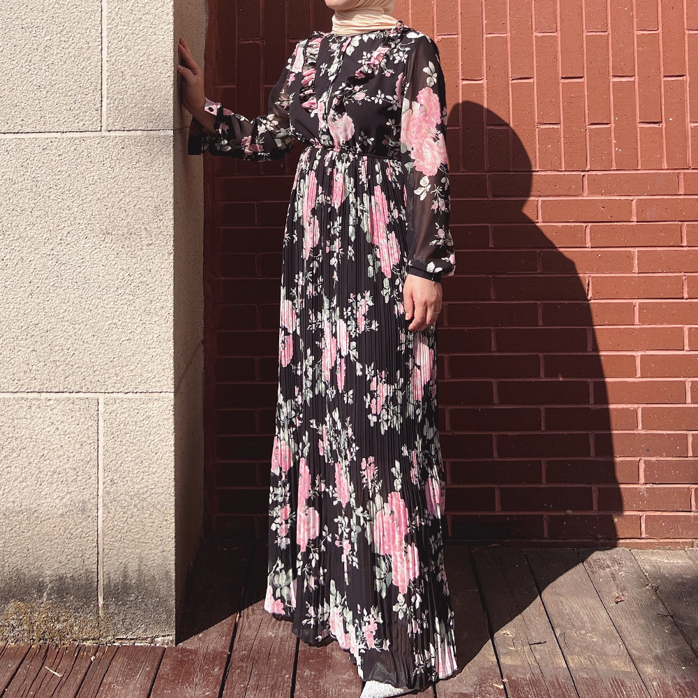 Ethnic Clothing Pleated Abaya Hijab Muslim Dress Turkey Chiffon Print Fungus Abayas for Women Dubai Evening Islamic Dresses Kaftan Robe Vestidos 23062