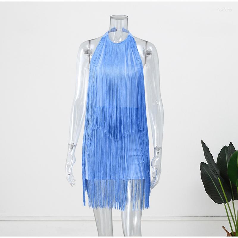 Blue Fringe Halter Mini For Women Sexy Backless O Neck Sleeveless Summer Short Party Dress Polyester B4
