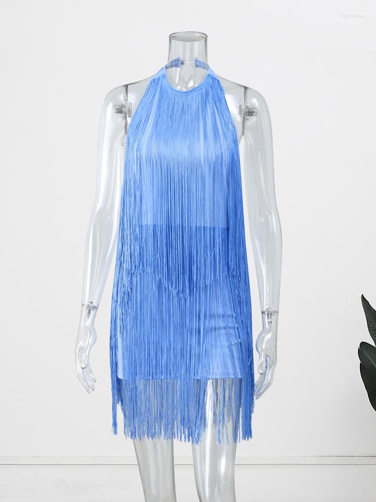 Blue Fringe Halter Mini For Women Sexy Backless O Neck Sleeveless Summer Short Party Dress Polyester B4
